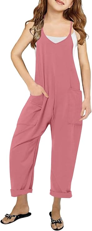 Girl's Casual Sleeveless Jumpsuits Spaghetti Straps Harem Long Overalls With Pockets