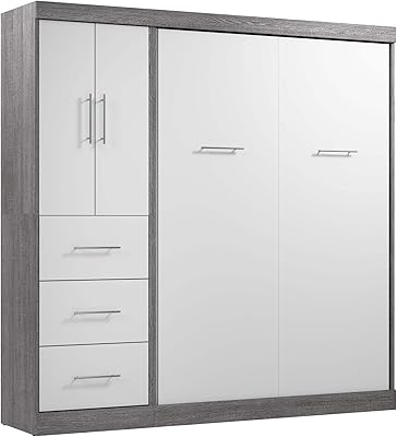 Bestar Nebula Full Murphy Bed with Wardrobe 84W in Bark Gray and White, Sleeping Arrangement and Closet Organizer for Multipurpose Room