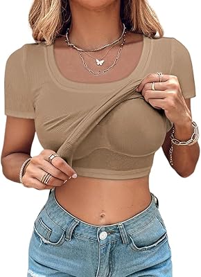 CHICME Women Built-in Bra T Shirt Top Short Sleeve Square Neck Basic Tees Casual Ribbed Knit Fitted Going Out Tops