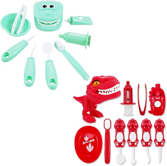 Bundle 19PCS = 9PCS Plastic Simulation Dentist Play Set (Green) + 10PCS Plastic Dinosaur Simulation Dentist Play Set (Red)