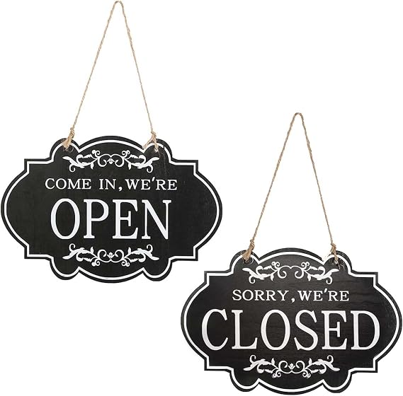 Open Closed Sign for Business with Rope Reversible Double Sided,Store Business Signs 11.8" x 7.9" Suitable for Hanging on a Shop Door or in a Window.(Black)