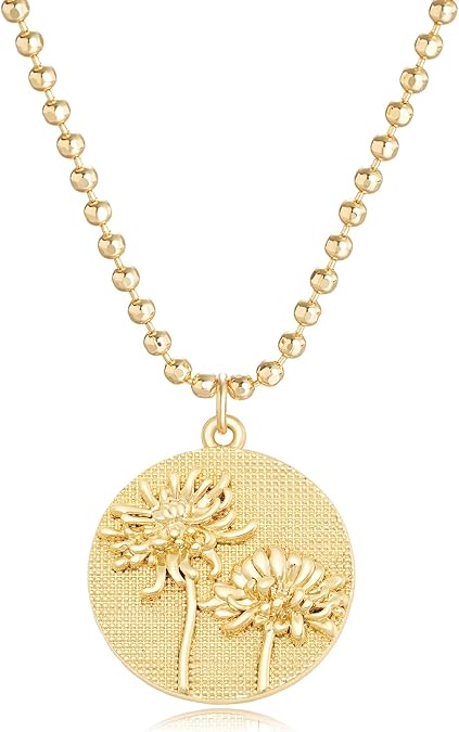 MYEARS Women Birth Flower Necklace Gold Butterfly Coin Disc Pendant Cubic Zirconia 14K Simple Dainty Beaded Chain Everyday Trendy Jewelry - 12 Months