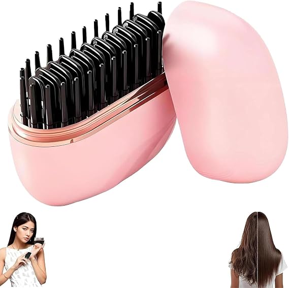 Mini Hair Straightener Brush, Wireless Rechargeable, 3-Speed Temperature Control, Portable for Home and Travel, Black (Pink)