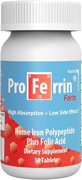 Proferrin Forte-12mg of high Absorbing Heme Iron Polypeptide. Easy on the Gut. 30 Tablets. 1mg of Folic Acid to aid in red Blood Cell Production. Not affected by Coffee, Calcium, or PPI's.