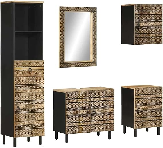 5 Piece Solid Wood Mango Bathroom Furniture Set with Vanity Mirror and Wall-Mounted Design for Ample Storage Space and Clear Image