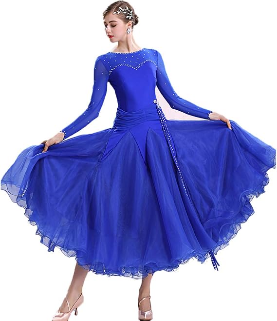Womens Ballroom Dress Waltz Competition Dress Long Sleeve Modern Tango Dancewear Backless Dance Costume