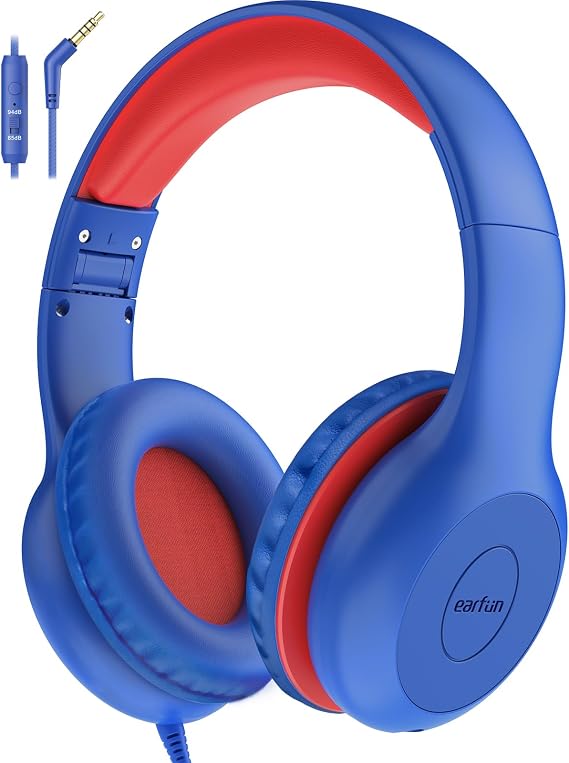 EarFun K1 Kids Headphones Wired with Mic, Volume Limit Headphones for Kids | Portable Wired Headphone with Shareport, Stereo Sound, Foldable Headset for School/Toddler/Tablet/iPad/Kindle, Navy Red