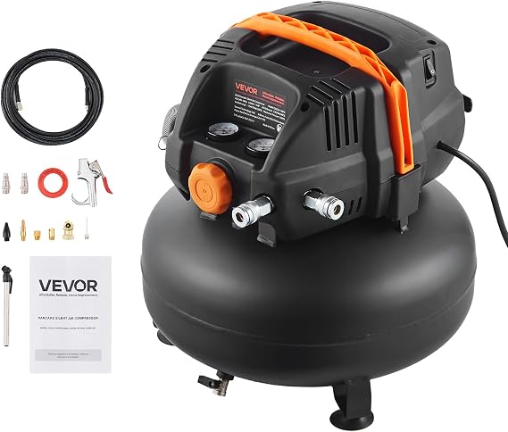 VEVOR 6 Gallon Air Compressor, 1.7HP 2.3CFM@90PSI Portable Pancake Air Compressor & 150PSI Max Pressure, 12-Piece Accessory Kit with 50FT Air Hose for Tire Inflation, Spray Painting, Woodwork Nailing