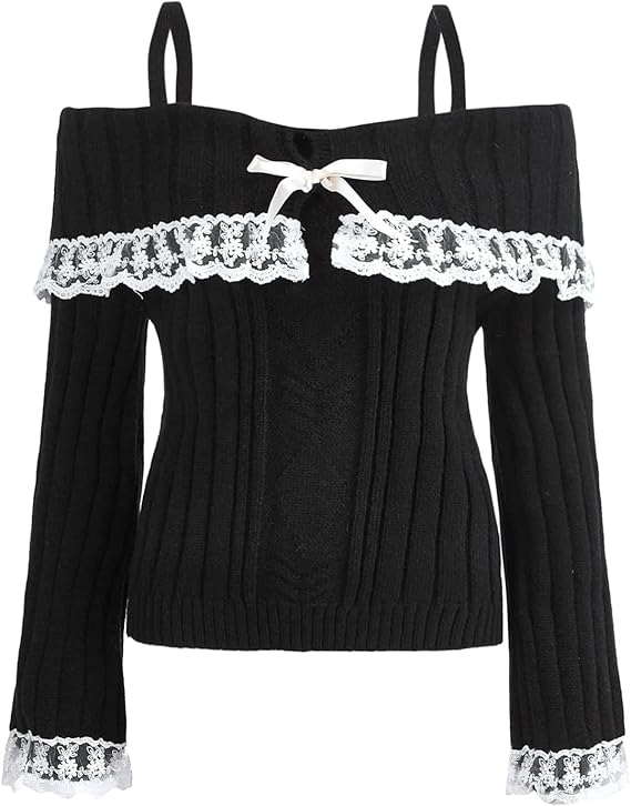Women Cold Shoulder Sweater Long Sleeve Square Neck Knit Fall Sweater Tops Slim Fit Lace Bow Front Jumper