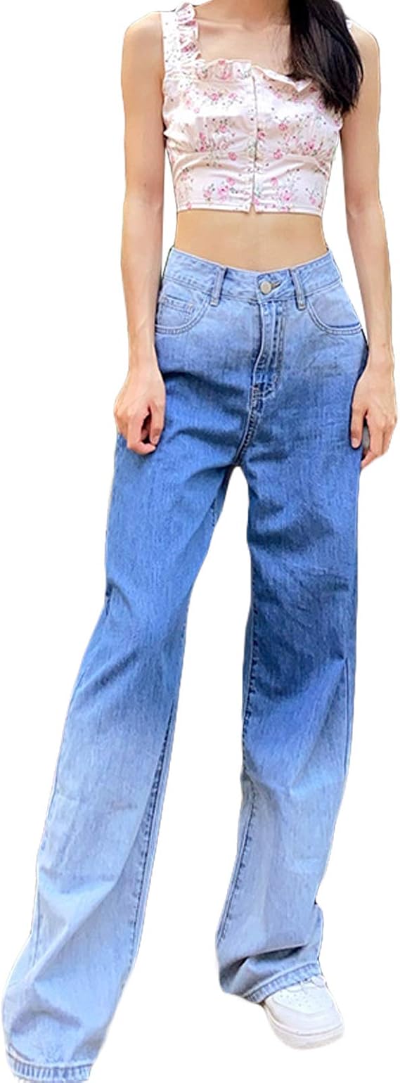 Women's High Waisted Jeans Wide Leg Y2K Style Skinny Straight Denim Jeans Vintage Trousers Pants Streetwear Fashion