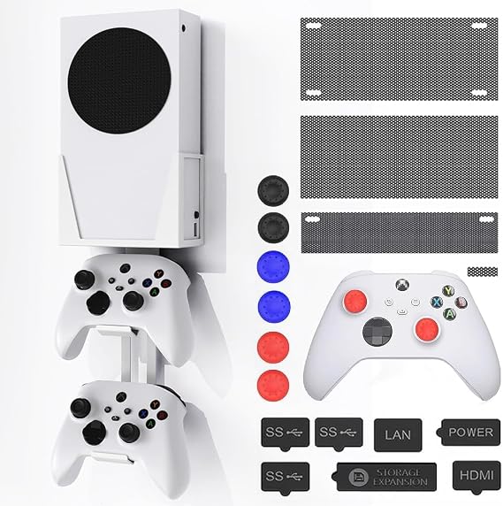 Wall Mount for Xbox Series S - All Metal Vertical Hanging On Wall Near or Behind TV Left/Right, Wall Mount Kit Accessories with Detachable Controller Holder,4 Dust Mesh Covers and 1 Set Dust Plugs