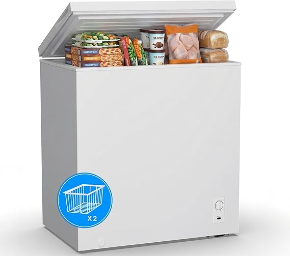5.1 Cu.Ft Chest Freezer, Small Compact Deep Freezer with Adjustable 7 Thermostat,2 Removable Baskets, Energy Saving, Quiet Top Open Door Mini Meat Freezer with LED Light for Garage Outdoor Home Office