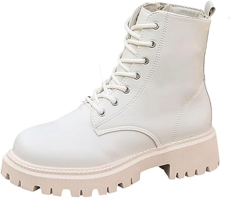 Women Platform Ankle Booties Lace Up Round Toe Combat Boots Lug Sole Non Slip Western Bootie with Side Zip