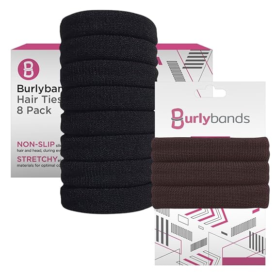 Burlybands Large Hair Ties for Thick Heavy or Curly Hair. No Slip No Damage Seamless Ponytail Holders Scrunchies Sports Thick Hair Ties (Black 8 Pack + Brown 3 Pack)