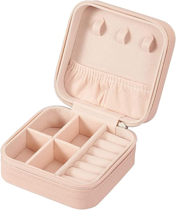 Mini Jewellery Travel Case, PU Leather Organizer Box, Small Portable Jewellery Storage Holder for Womens Rings Earrings Necklaces Bracelets (Pink Small Zipper Jewellery Box)