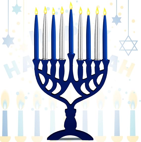 Electric Hanukkah Menorah Wooden Menorah Candleholder with 9 Branch LED Chanukah Candle Battery Powered Flameless Chanukah Candles Light up for Hanukkah