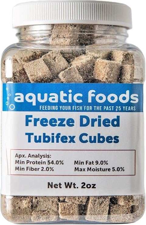 Tubifex Worms-Freeze Dried Floating Tubifex Worm Cubes for All Tropical Fish, Marine Fish, Discus, Cichlids, Koi & Pond Fish, Turtles...2oz Small Jar