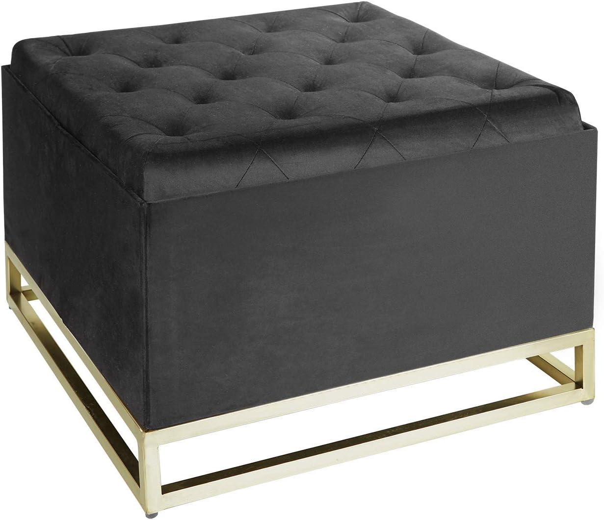 Inspire Me! Home Décor Caroline Ottoman with Inset Faux Marble Coffee Table Lid, Classy Jet Black Soft Velvet, 24 x 24 x 17 in, Glamorous Tufted Design, Comfortable Seating, Hidden Storage