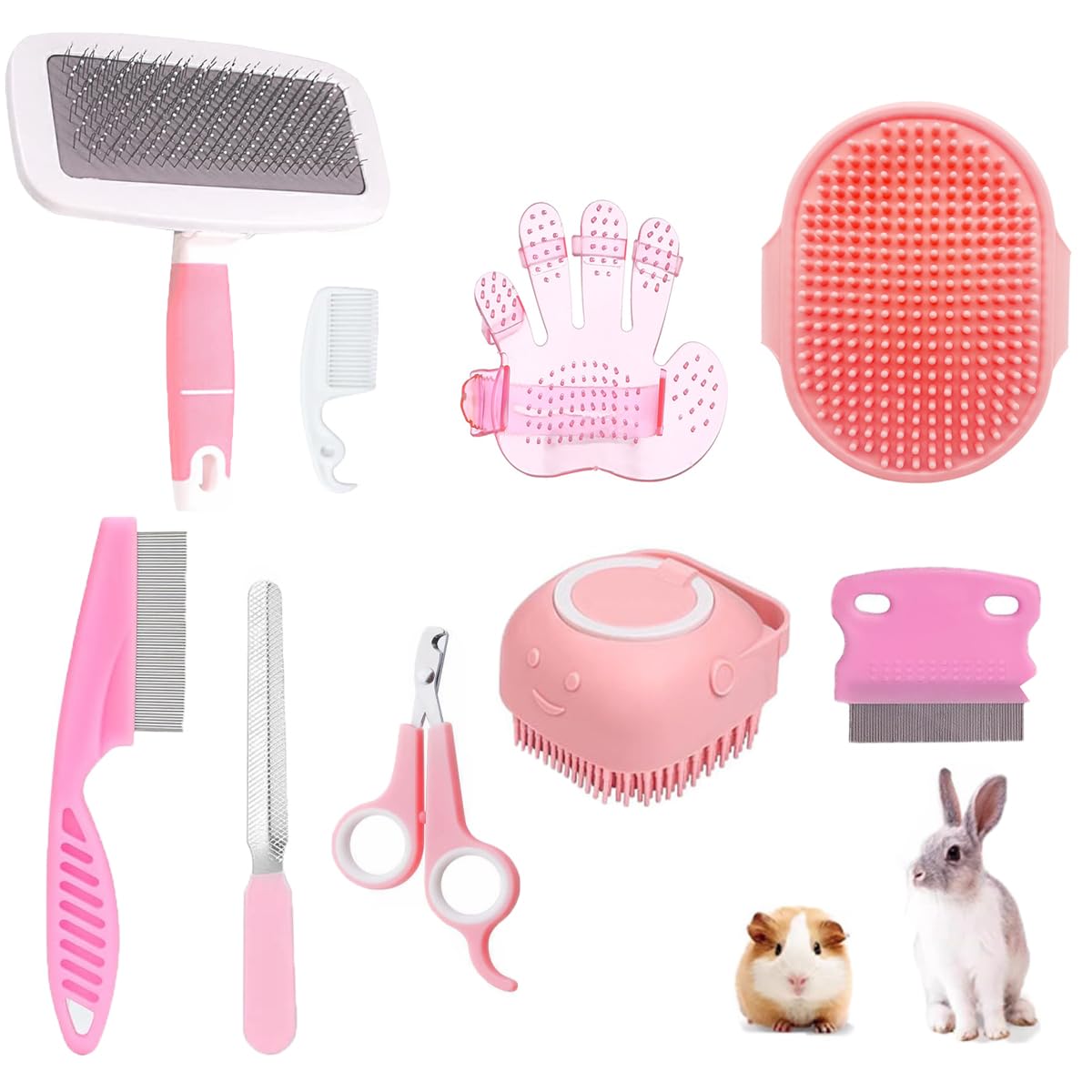 9PCS Small Animal Grooming Kit, Cleaning Brush Removes Loose Hair, Pet Bath Brush,Shampoo Brush, Nail Clipper, Flea Comb For Rabbit, Puppy, Kitten, Guinea Pig 9PCS-Pink