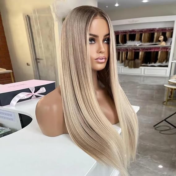Original Blonde Highlight #P18/613 Sliky Straight 13x4 HD Transparent Lace Front Wig 18 inch Blonde Colored Brazilian Remy Hair Glueless Lace Wig Preplucked with Baby Hair 150 Density