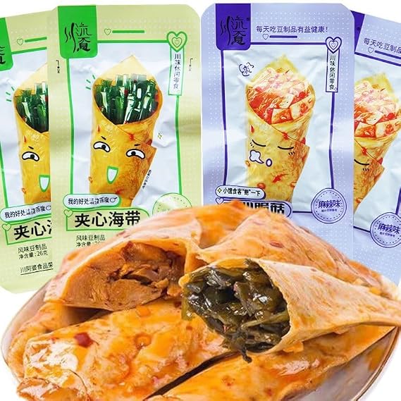 Kelp and mushroom dried tofu roll, healthy vegetable roll, spicy dried tofu, Chinese spicy latiao snack package, dried bean curd sticks, spicy gluten, vegetarian, side dishes (mixed flacor,5 packs)