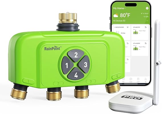 RAINPOINT WiFi Smart Sprinkler Timer, Outdoor Garden Hose Water Timer with Solid Brass Inlet & Outlet, Custom Irrigation Programs via App, Voice Control, Green