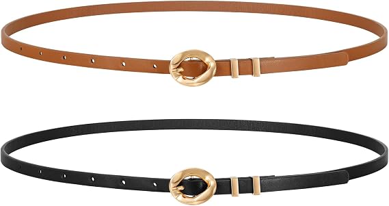LEACOOLKEY Women Skinny Belts 0.39 Inch Wide 2 Pack Thin Leather Belts for Dresses Jeans Cardigans