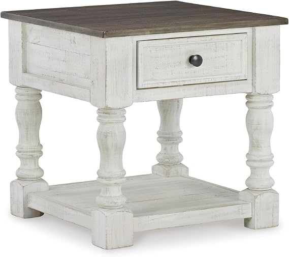 Signature Design by Ashley Havalance 1-Piece Square End Table, White/Gray | Pine wood, Pine veneer and engineered wood, Open lower storage shelf, 1 storage drawer, 25 inch square design