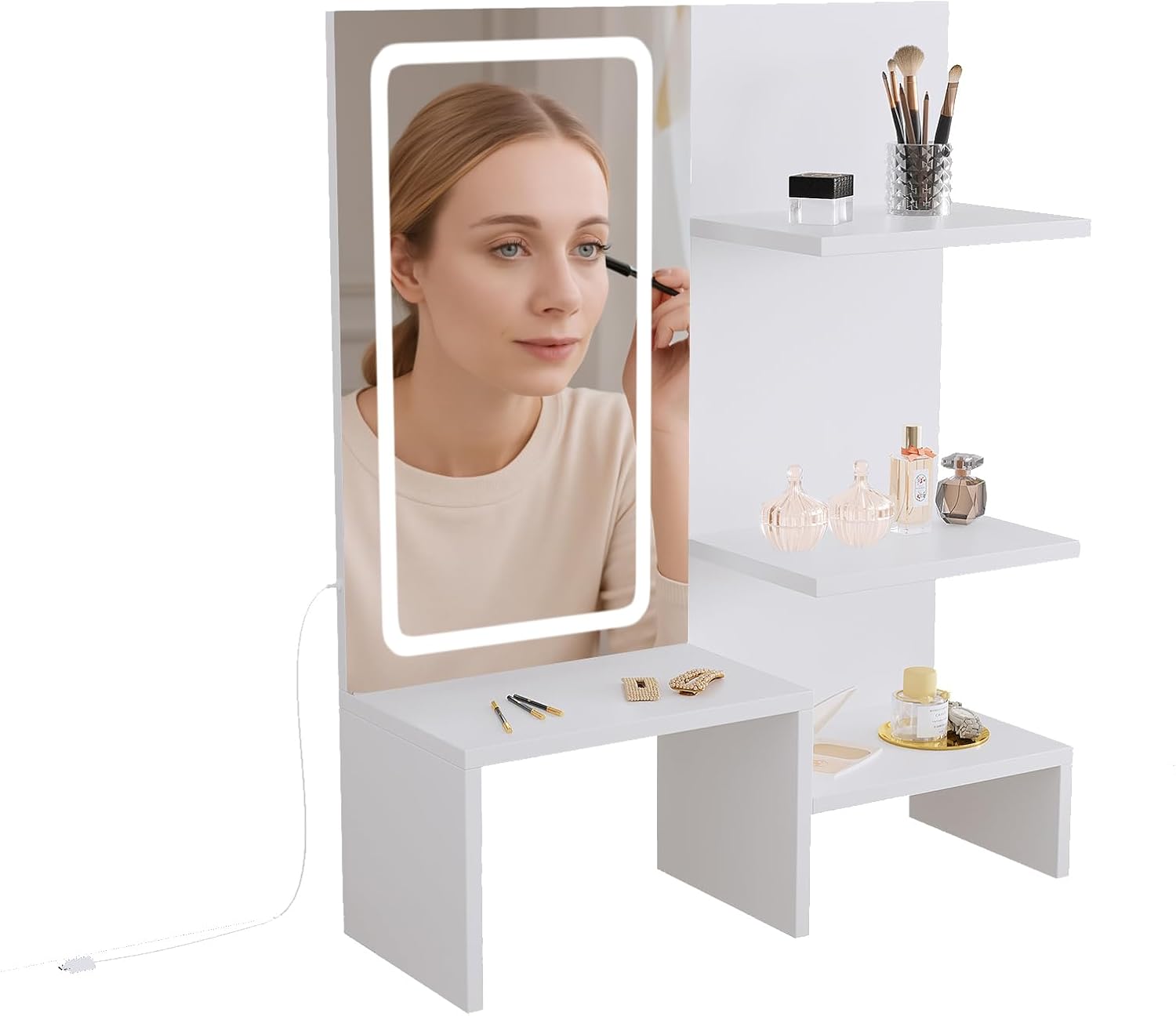 Vanity Mirror with Storage - White Table Top Vanity Mirror with Lights, 3 Color Adjustable Lighting, Desktop Makeup Mirror with 3 Tier Shelf, 21.6" Tabletop Vanity for Dresser Top Small Bedroom