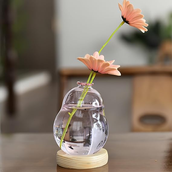 Pink Plant Propagation Cute Bubble Flower Vase Glass Planter Terrarium Jar | Wood Stand Propagation Station Gourd Glass Pot for Hydroponic Plants Cuttings Plant Lover Gifts Home Boho Decor