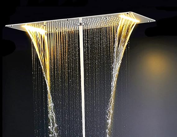 Cascada Luxury 15"x28" LED Waterfall Luxurious Recessed 4 Types Rainfall Shower Head (Antique Brass)