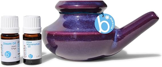 Baraka Breathe Easy Kit - Ceramic Neti Pot, 4ml Sinus Rejuvenation Oil for Sinus Relief & 5ml Steam Oil to Open Lungs, Aromatherapy & Allergy Relief, Essential Oils Blend, Light & Easy to Use - Purple