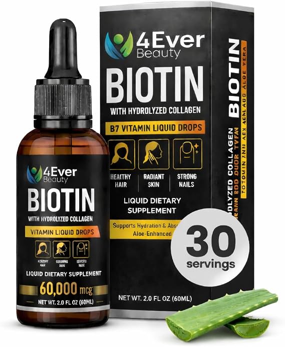 Liquid Biotin & Collagen Drops with Aloe Vera Unique Formula 60,000 mcg - Vitamins for Hair Growth support, Strong Nails & Radiant Skin Liquid Collagen Supplement for Women & Men 2 fl oz