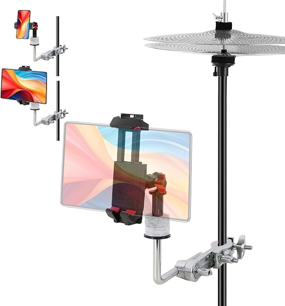RANMING Drum Set Phone Holder Adjustable Angle Phone Clamp Drum Phones Mount for Recording Drummer Accessories Phones Holder for Electronic Drum Set Compatible with Smartphone and Tablet Computer