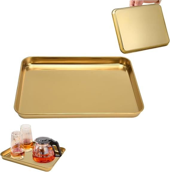Gold Serving Trays, Stainless Steel Serving Trays Jewelry Makeup Decorative Storage Rectangle Decorative Cosmetic Jewelry Display Tray Makeup Cosmetic Organizer