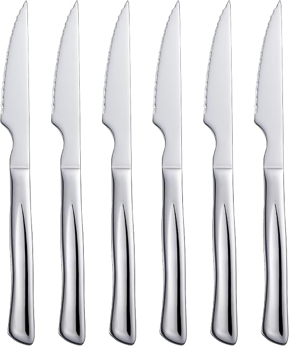 6-Piece Stainless Steel Steak Knives Set - 8.7" Serrated Edge Dinner Knives with Ergonomic Handles, Dishwasher Safe Kitchen Cutlery for Meat, Bread, Vegetables