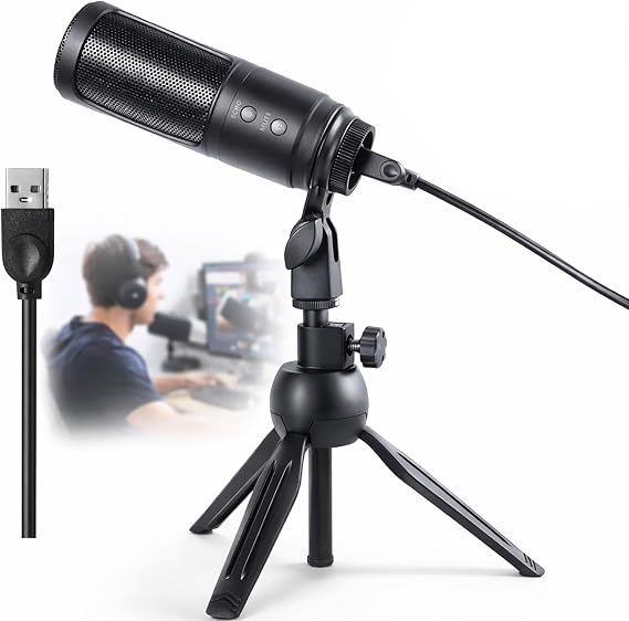 USB Microphone, Cardioid Condenser Mic with Noise Cancellation | One-Click Mute & Echo Effect, USB Mic for PC/Mac, Plug & Play for Podcasting, Streaming, YouTube, Vocals, Meeting & Gaming