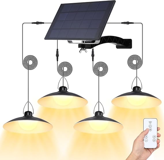 Solar Pendant Lights Outdoor IP65 Waterproof, 4 Heads Solar Powered Shed Lights with On/Off Remote Switch, Dimmable Dusk to Dawn