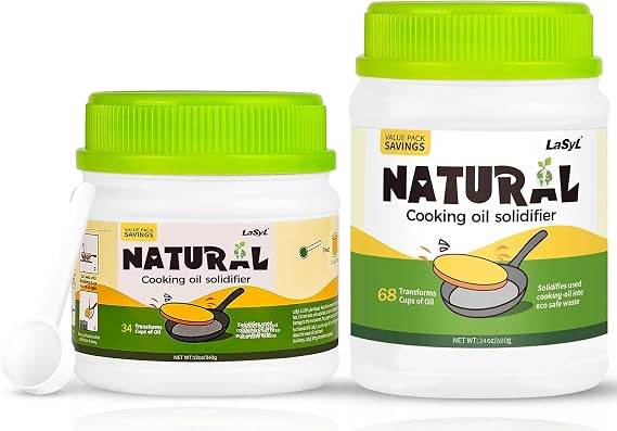 LaSyL Natural Cooking Oil Solidifier Powder, Hard Up to 102 Cups of Fry Oil Away from Mess, 100% Plant-Based Oil Hardener for Disposal, Value Pack 12 Oz+24 Oz
