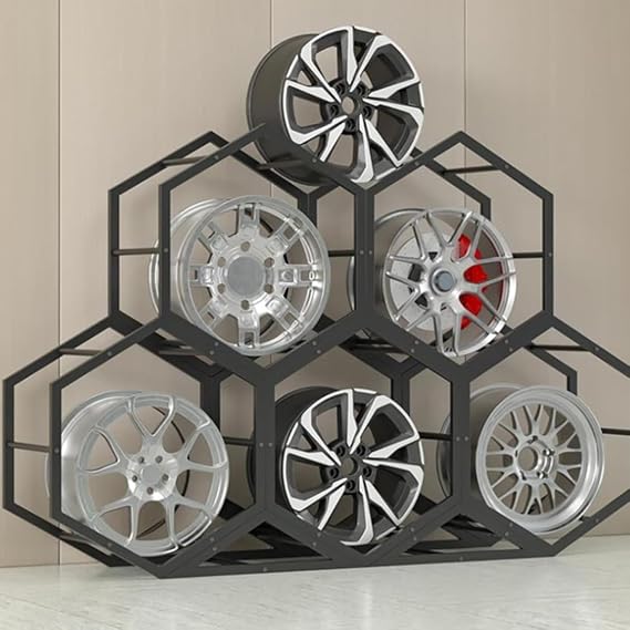 Honeycombed Rim Tire Display Rack, Standing Car Hub Tyre Organizer for Home/Office/Motel Wall Decor, DIY Stackable Commercial Spare Tires Storage Stand,5+2(204x39x137cm)
