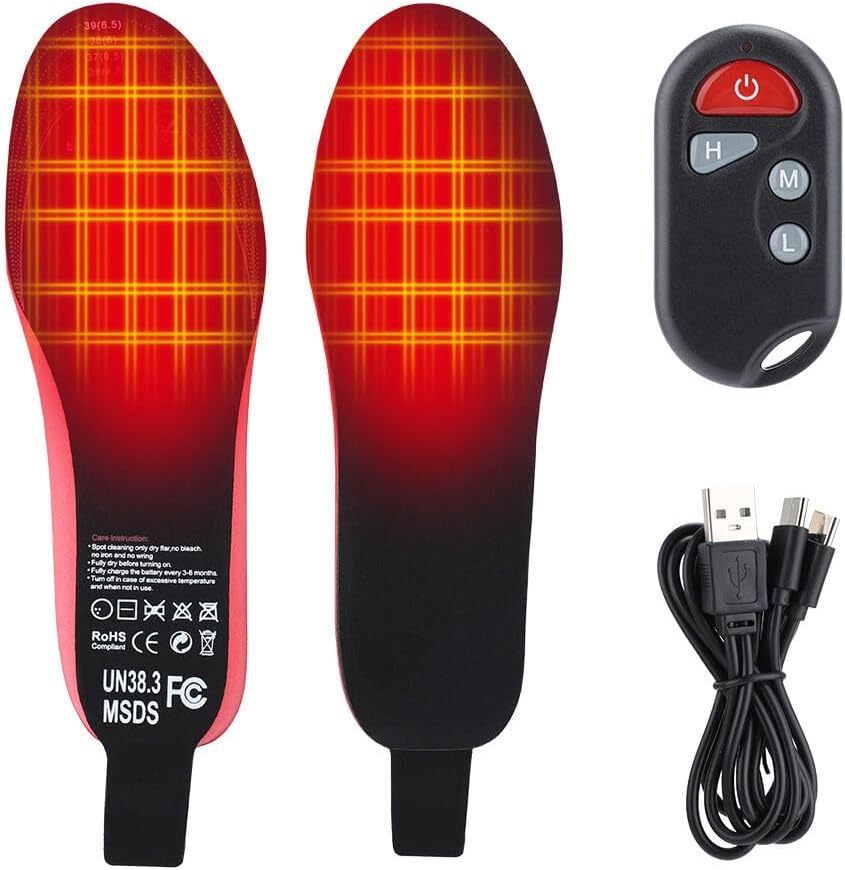 Heated Insoles with Remote Control, USB Rechargeable Shoe Insoles, Heated Insoles for Men and Women, 3 Levels Adjustable Temperature Thermal Insoles, Breathable Heating Insoles for Hiking M 34-40