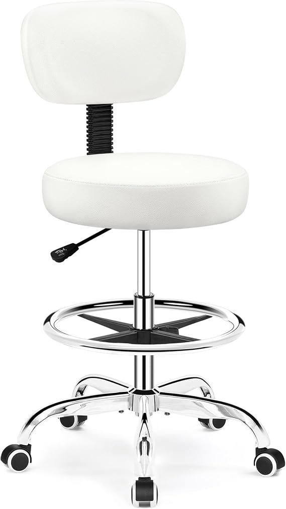 Brick Attic Drafting Chair with Backrest Adjustable Foot Rest Rolling Stool with Wheels, PU Leather Swivel Stool for Office Spa Studio Lab Counter Salon Home Work Bar Kitchen Shop(White)