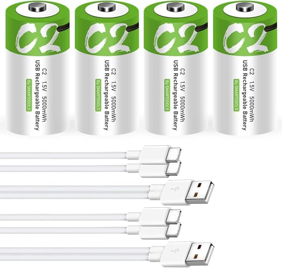 C Batteries- 4 Pack Rechargeable C Batteries,5000mWh Lithium ion C Size Battery 1.5V with 2 in 1 USB A to Type C Charger,Portable USB Rechargeable C Cell Batteries