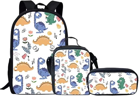 FKELYI Kids Boys Cartoon Dinosaur Animal Print School Bags for Girls Shoulder Book Bag/Insulated Thermal Lunch Bag/Pencil Case