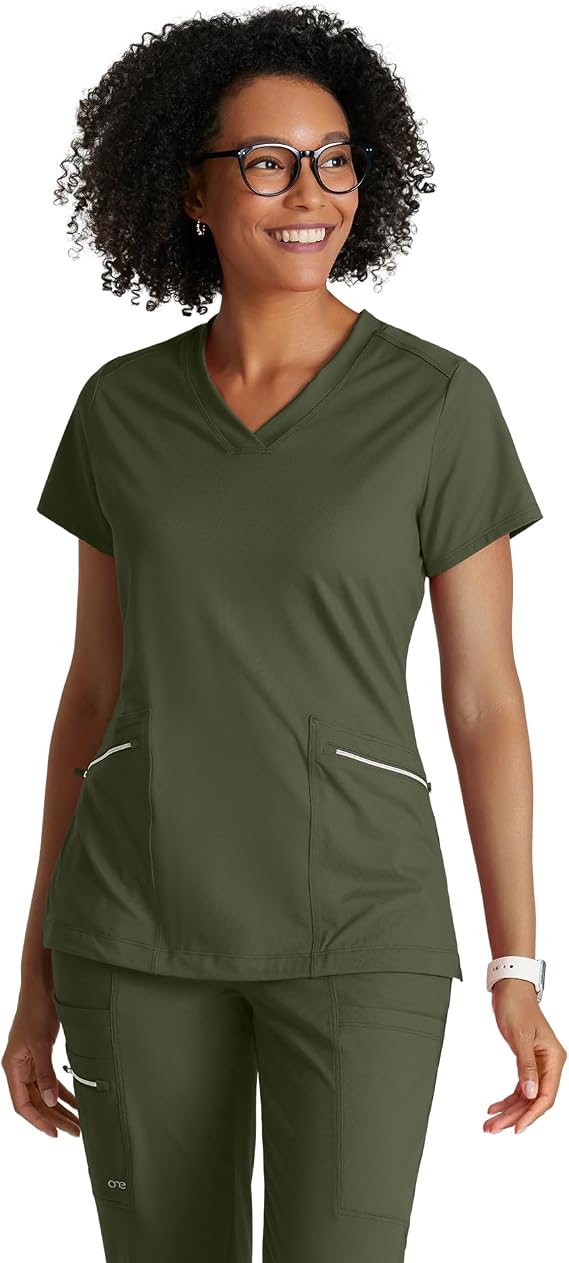 BARCO One Performance Knit Victory Classic Fit Scrub Top for Women 2-Pocket, V-Neck Shirt with 360 Spandex Stretch