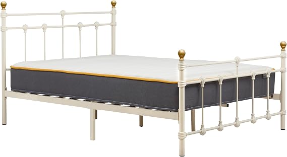 Atlas Metal Bed Frame – Cream/Black Finish with Brass Finials, Sprung Slats – 3ft Single, 4ft Small Double, 4ft6 Double, (CREAM, Double 4FT6)