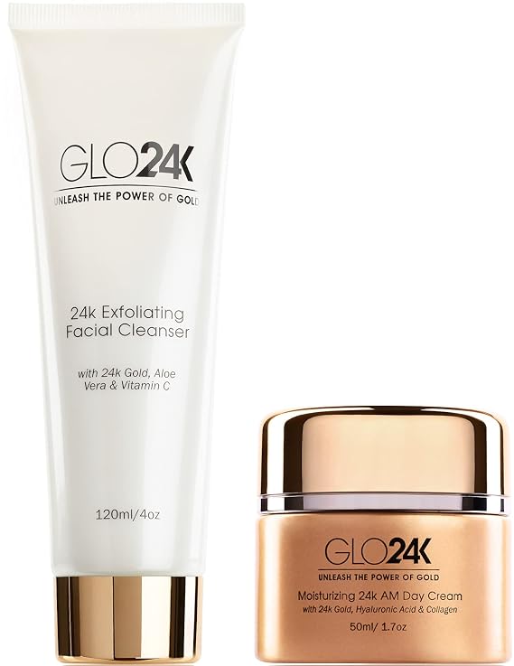 GLO24K Exfoliating Facial Cleanser and Day Cream with 24k Gold, Collagen, and Vitamins A,C,E. For a Radiant appearance and Fresh Looking Skin.