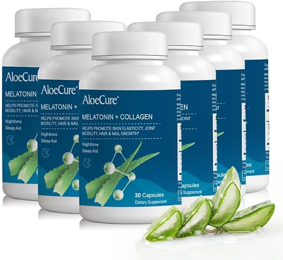 AloeCure Natural Melatonin + Collagen Natural Sleep Aid Supplement for Restful Nights - Collagen Complex for Joint Strength, Skin Elasticity, Hair & Nail Growth, 30 Capsules x 6 Bottles