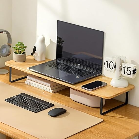 Wooden Monitor Stand, Tabletop Stand, 23.6 / 39.4 / 47.2 inches 60 / 80 / 100 / 120 cm, Improves Posture, Metal Frame, Anti-Slip Pad, Keyboard Storage, For Home & Office Use, 100 L x 26