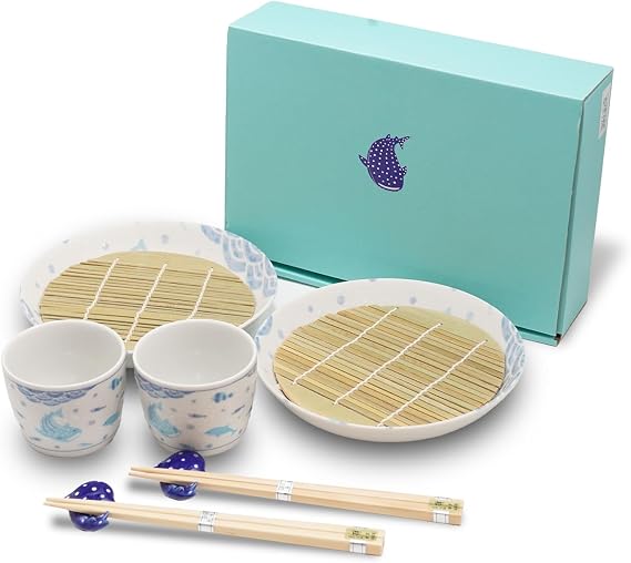 Japanese Soba Noodle Serving Set for 2 Mino Ware Ceramic Plates, Cups, Bamboo Strainers, Chopsticks & Whale Shark Chopstick Rests Authentic Zaru Soba Dishware Gift Set